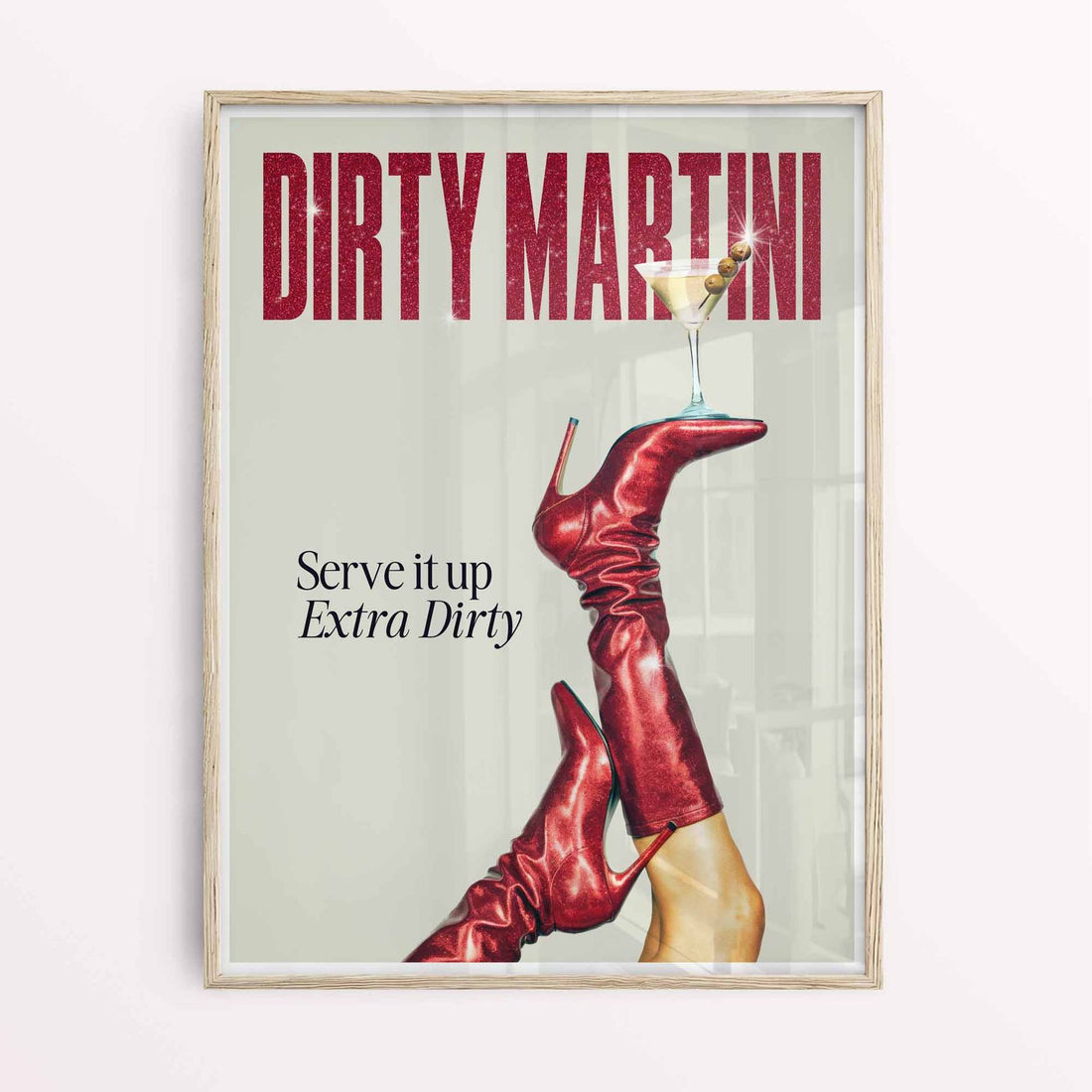 Dirty Martini poster with red boots and cocktail glass