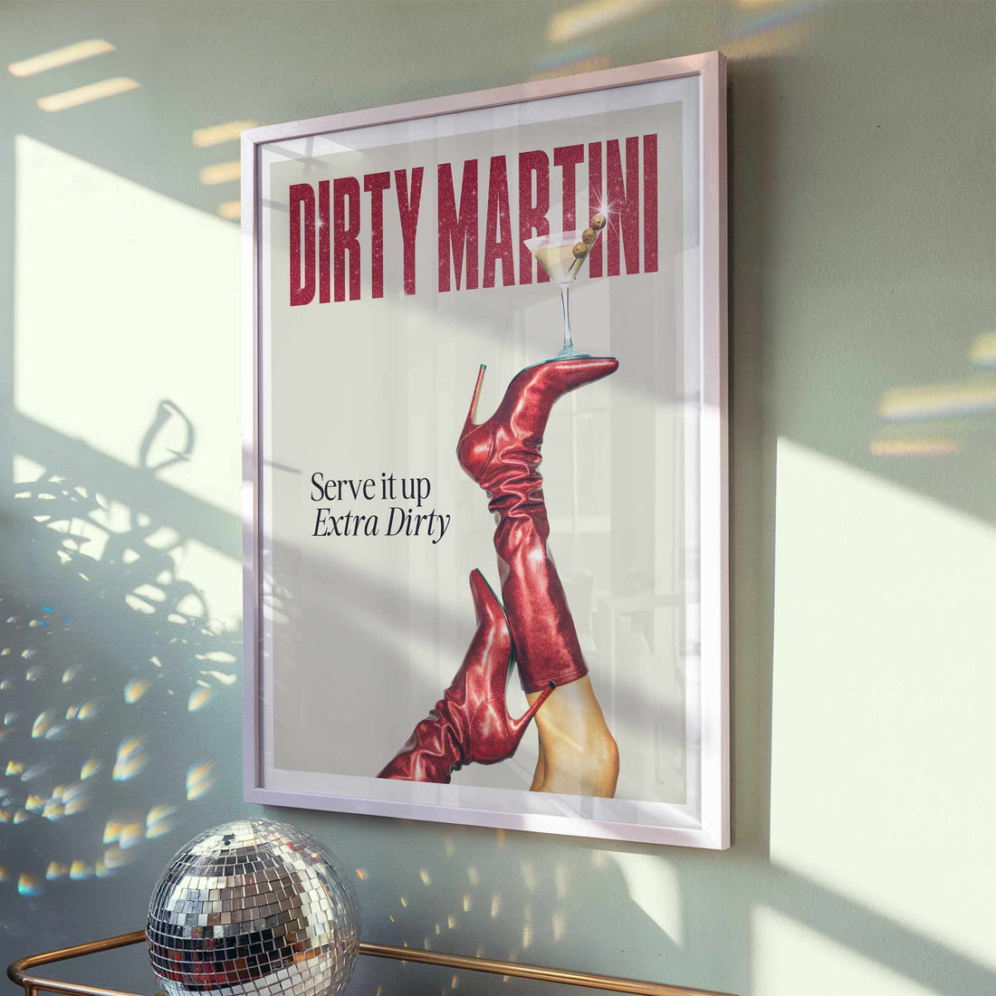 Dirty Martini poster with red boots and cocktail glass