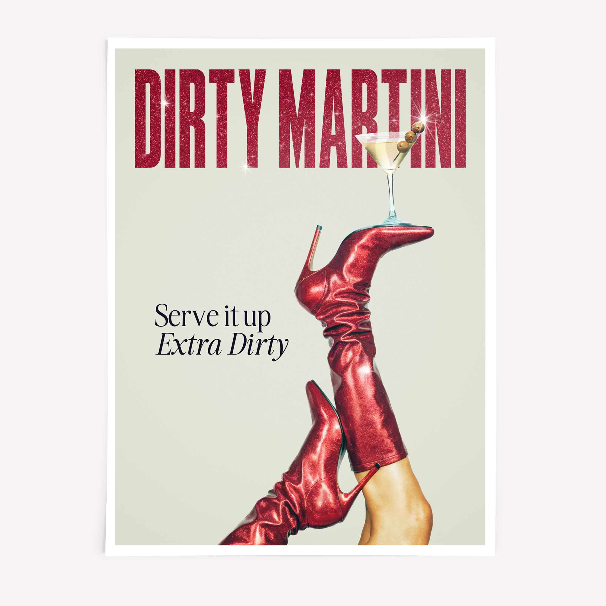Dirty Martini poster with red boots and cocktail glass
