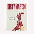 Dirty Martini poster with red boots and cocktail glass