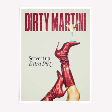 Dirty Martini poster with red boots and cocktail glass
