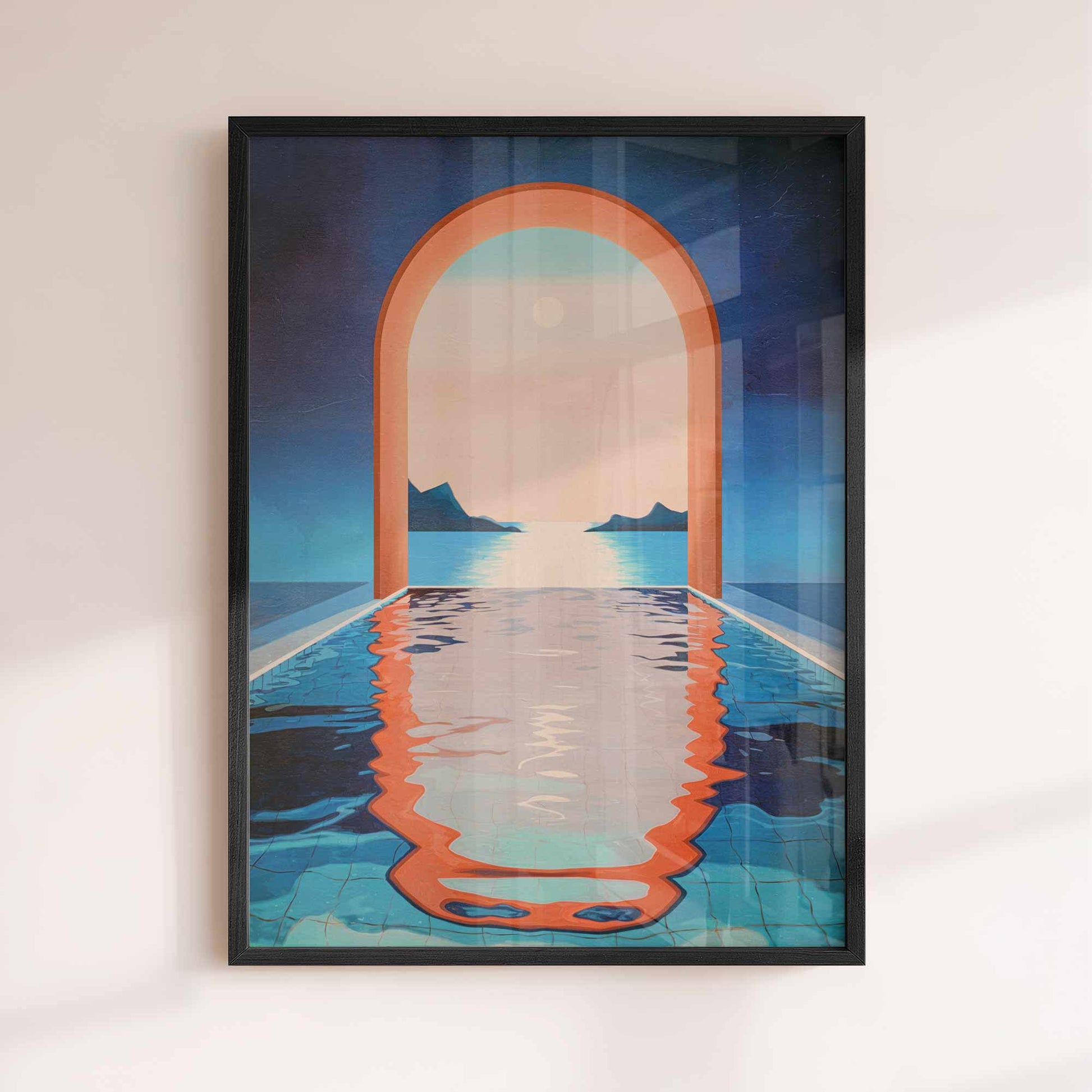 Dream Pool Archway”– Moroccan Oasis Art Print in black frame