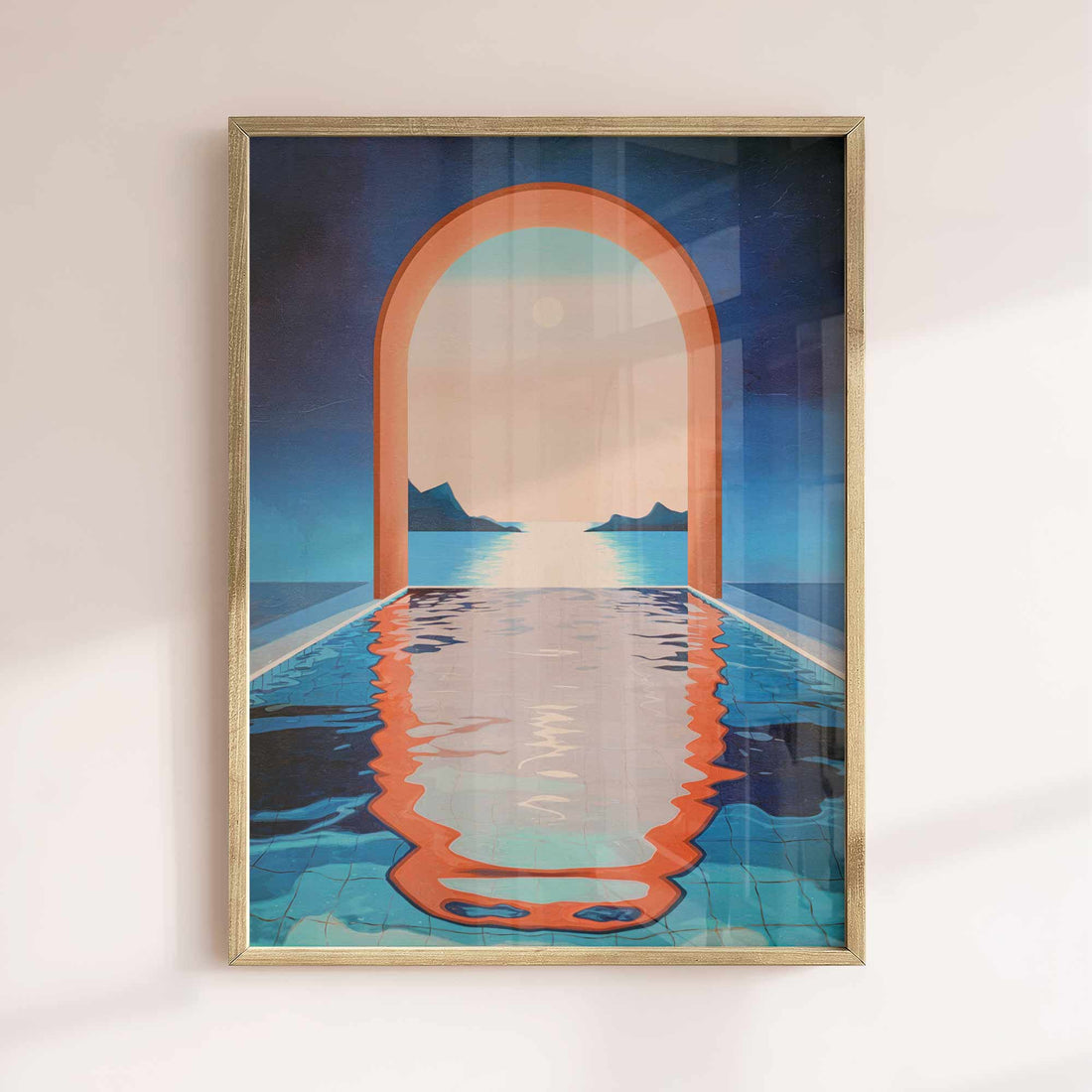Dream Pool Archway – Moroccan Oasis Art Poster featuring orange and blue palette