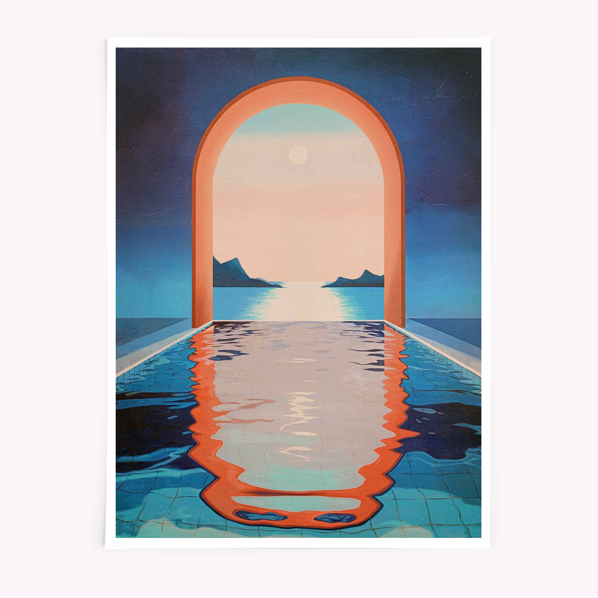 Dream Pool Archway – Moroccan Oasis Art Poster featuring orange and blue palette