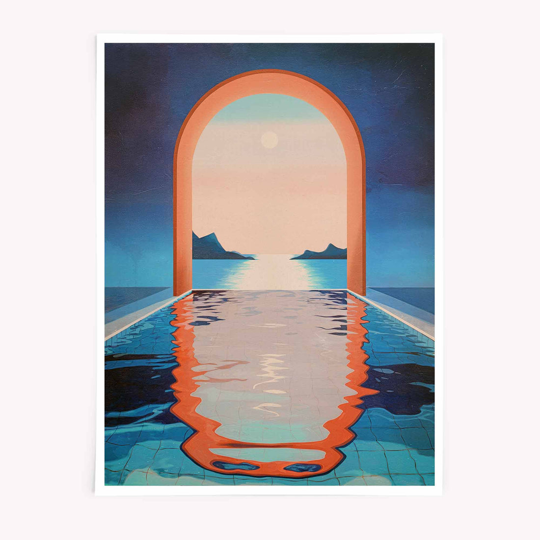 Dream Pool Archway – Moroccan Oasis Art Poster featuring orange and blue palette
