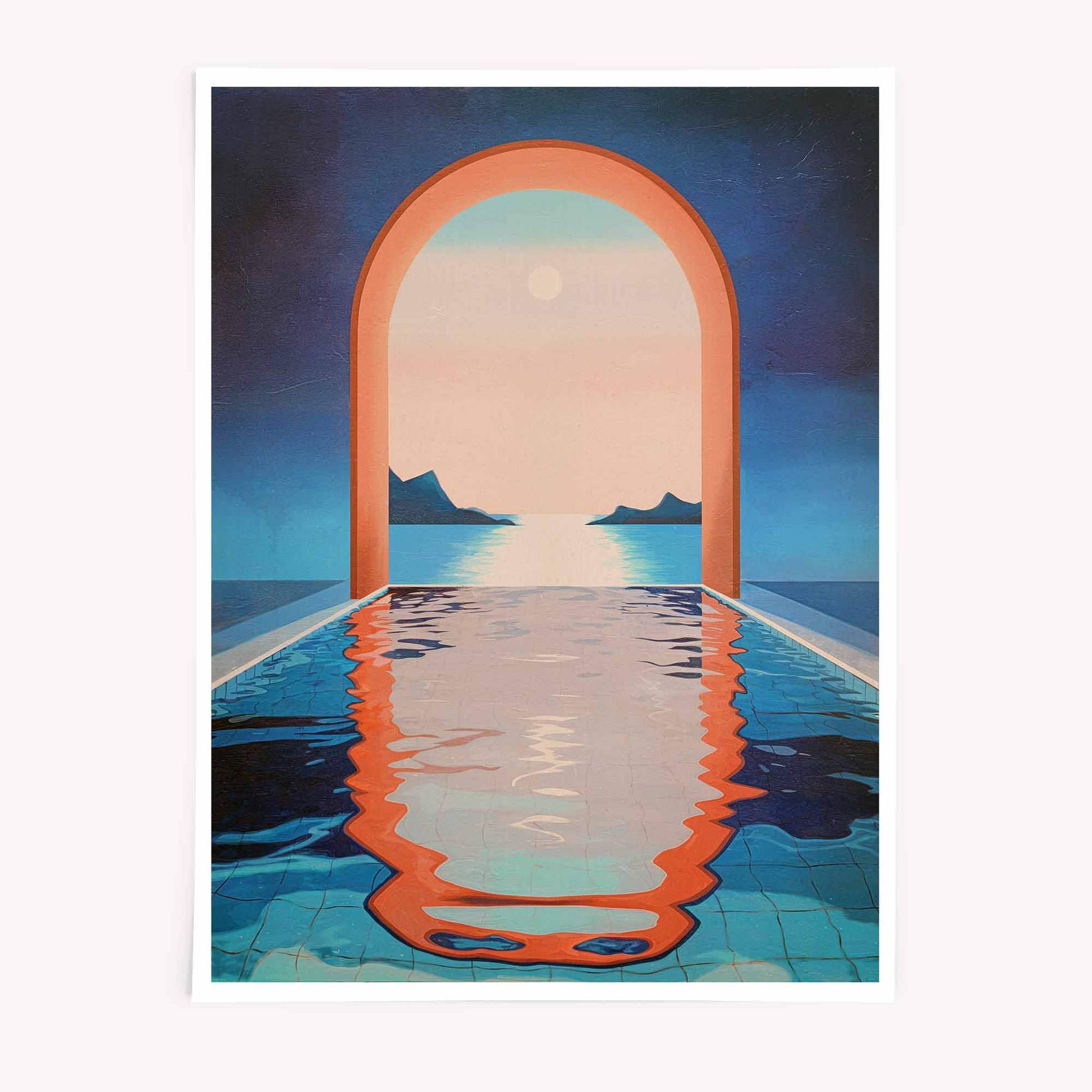 Dream Pool Archway – Moroccan Oasis Art Poster featuring orange and blue palette