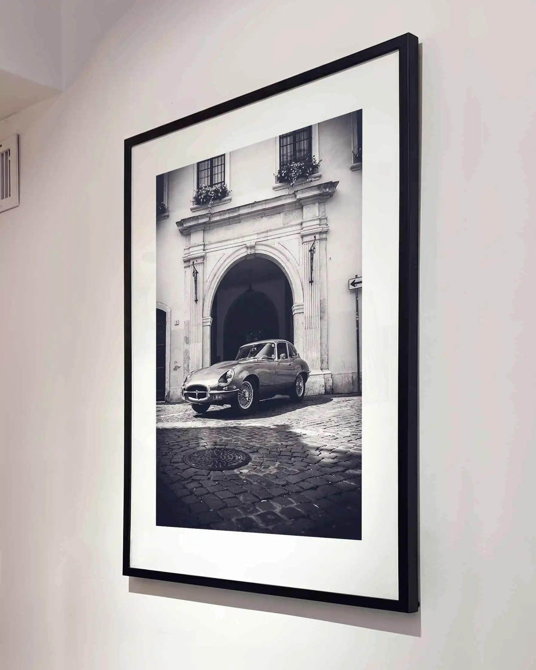 E-type-Jaguar-british-car-black-and-white-photography-fashion-framed-print-black-interior