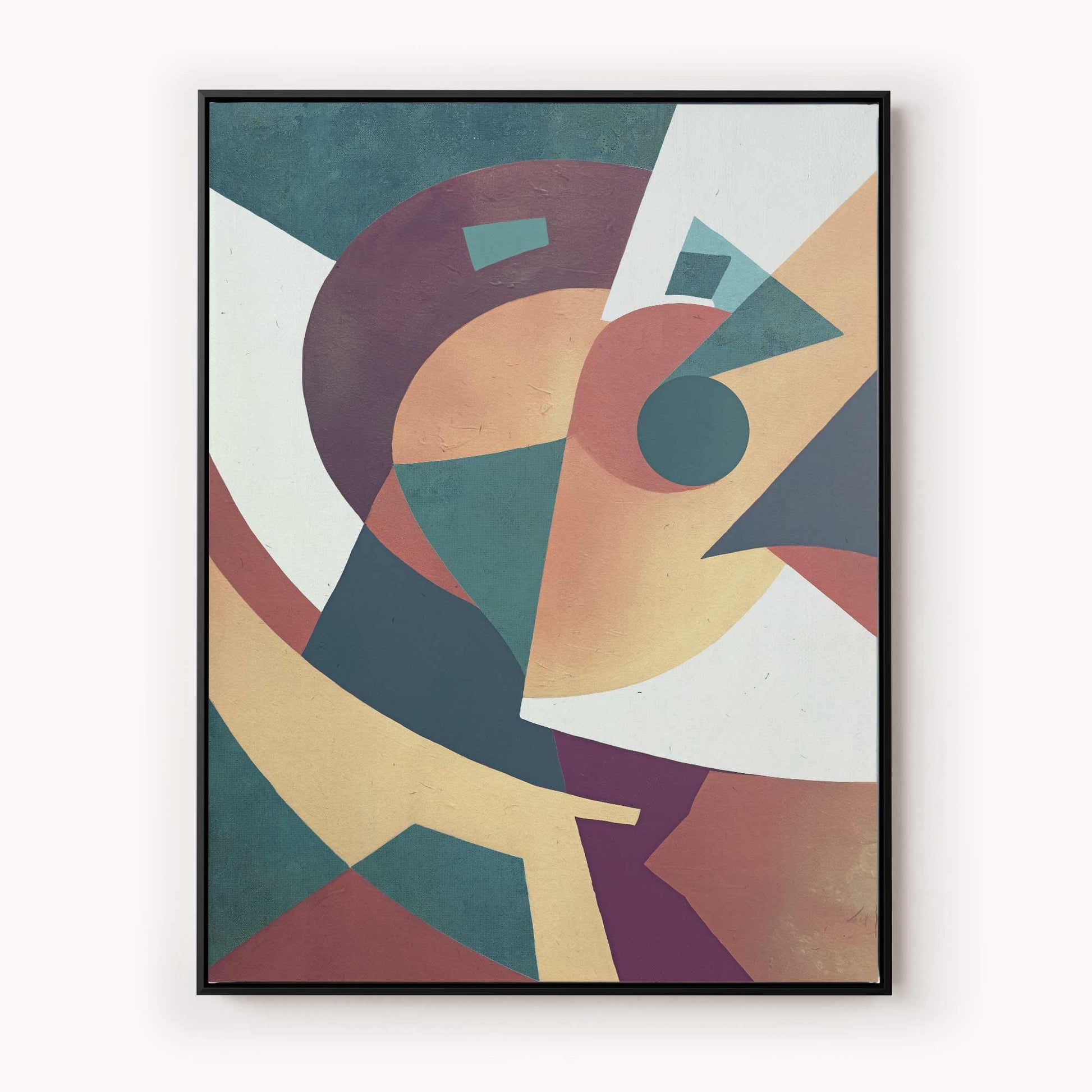 Abstract canvas print with overlapping geometric shapes in burnt orange and teal colors, contemporary Scandinavian design style by Afterhours Gallery