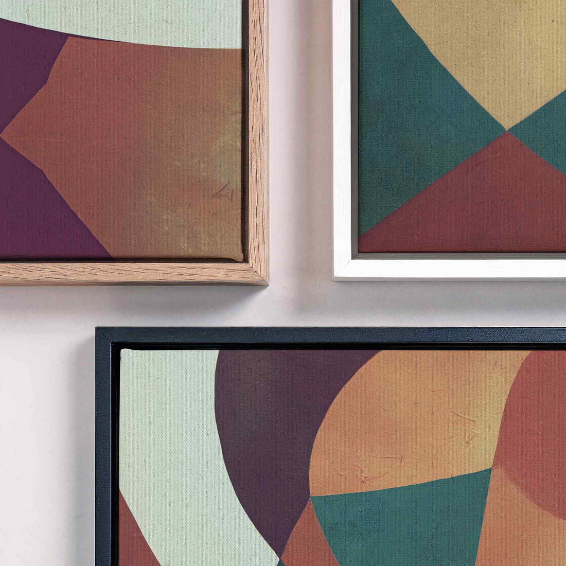Abstract canvas print with overlapping geometric shapes in burnt orange and teal colors, contemporary Scandinavian design style