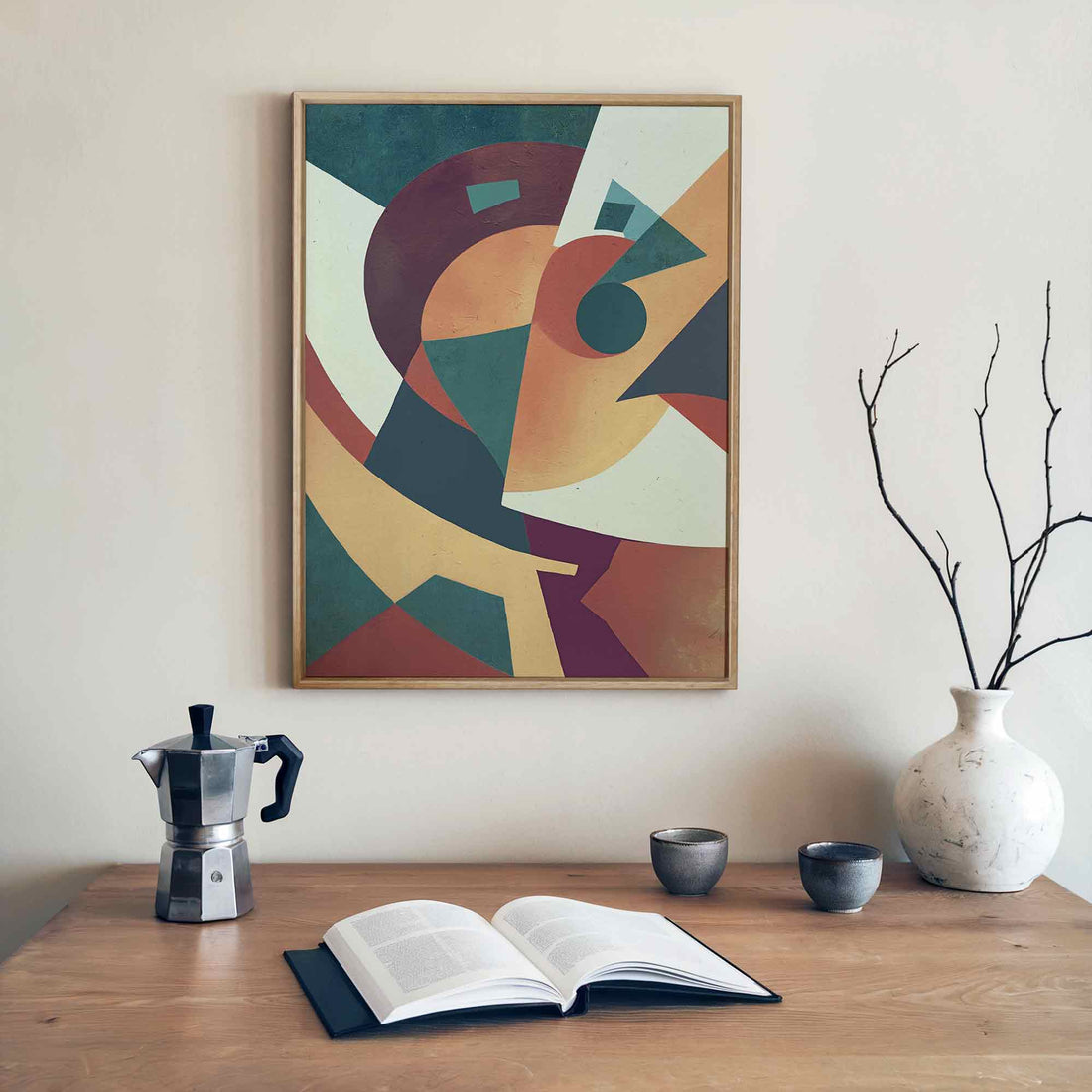 Abstract canvas print with overlapping geometric shapes in burnt orange and teal colors, contemporary Scandinavian design style