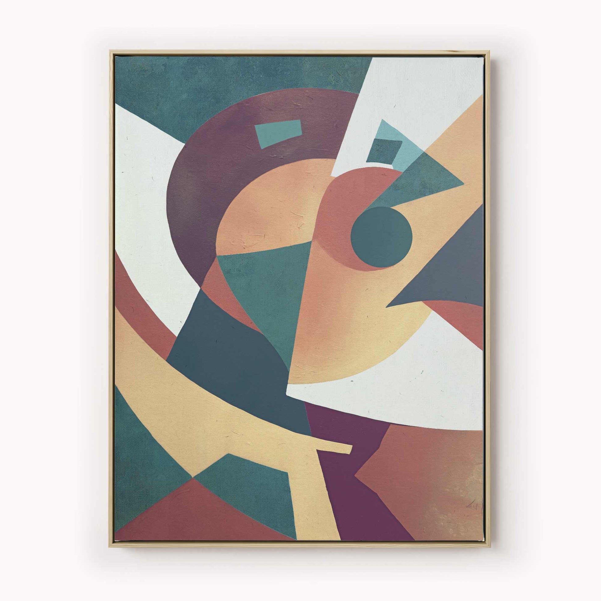 Abstract canvas print with overlapping geometric shapes in burnt orange and teal colors, contemporary Scandinavian design style