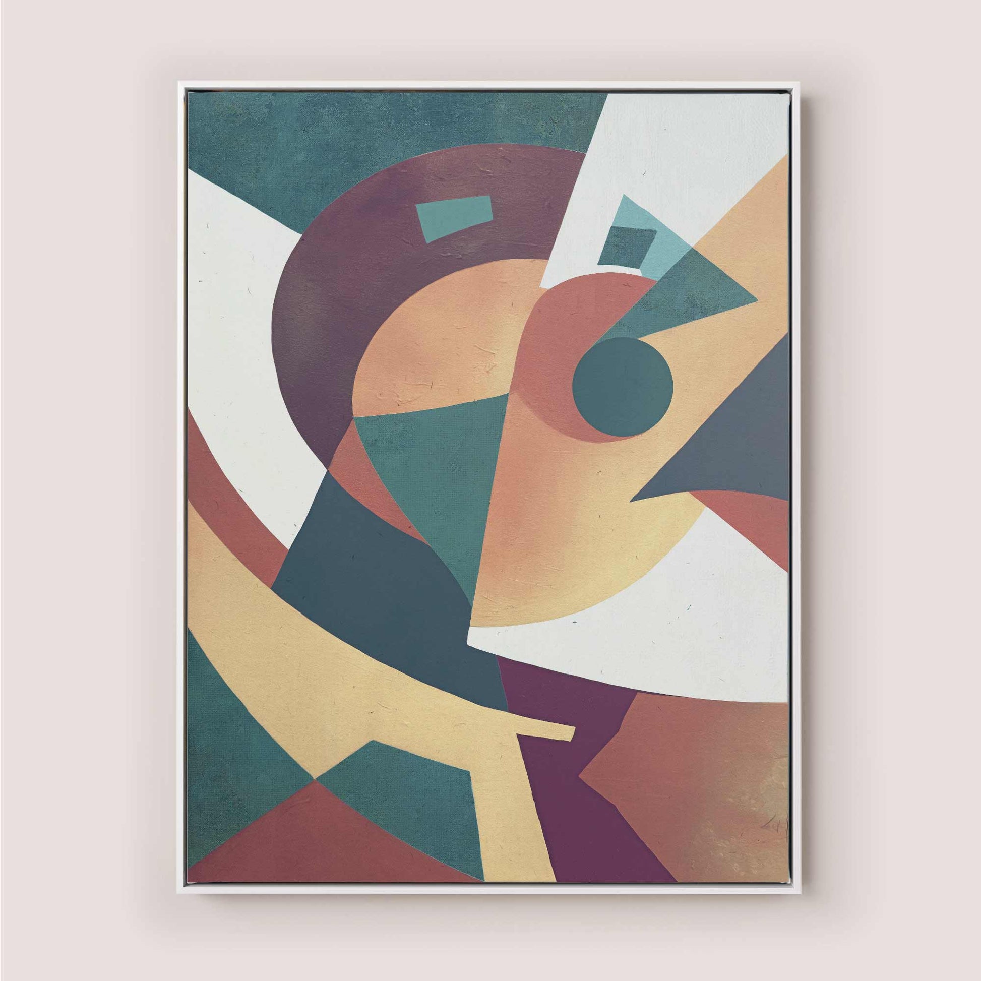 Abstract canvas print with overlapping geometric shapes in burnt orange and teal colors, contemporary Scandinavian design style