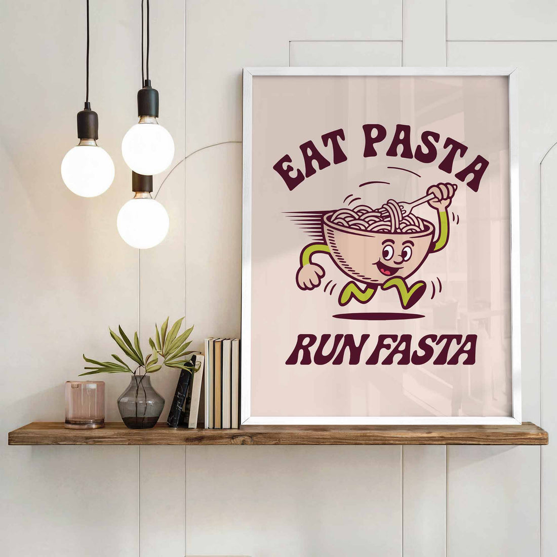 Retro style Eat Pasta Run Fasta poster with pasta bowl character running