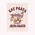 Retro style Eat Pasta Run Fasta poster with pasta bowl character running