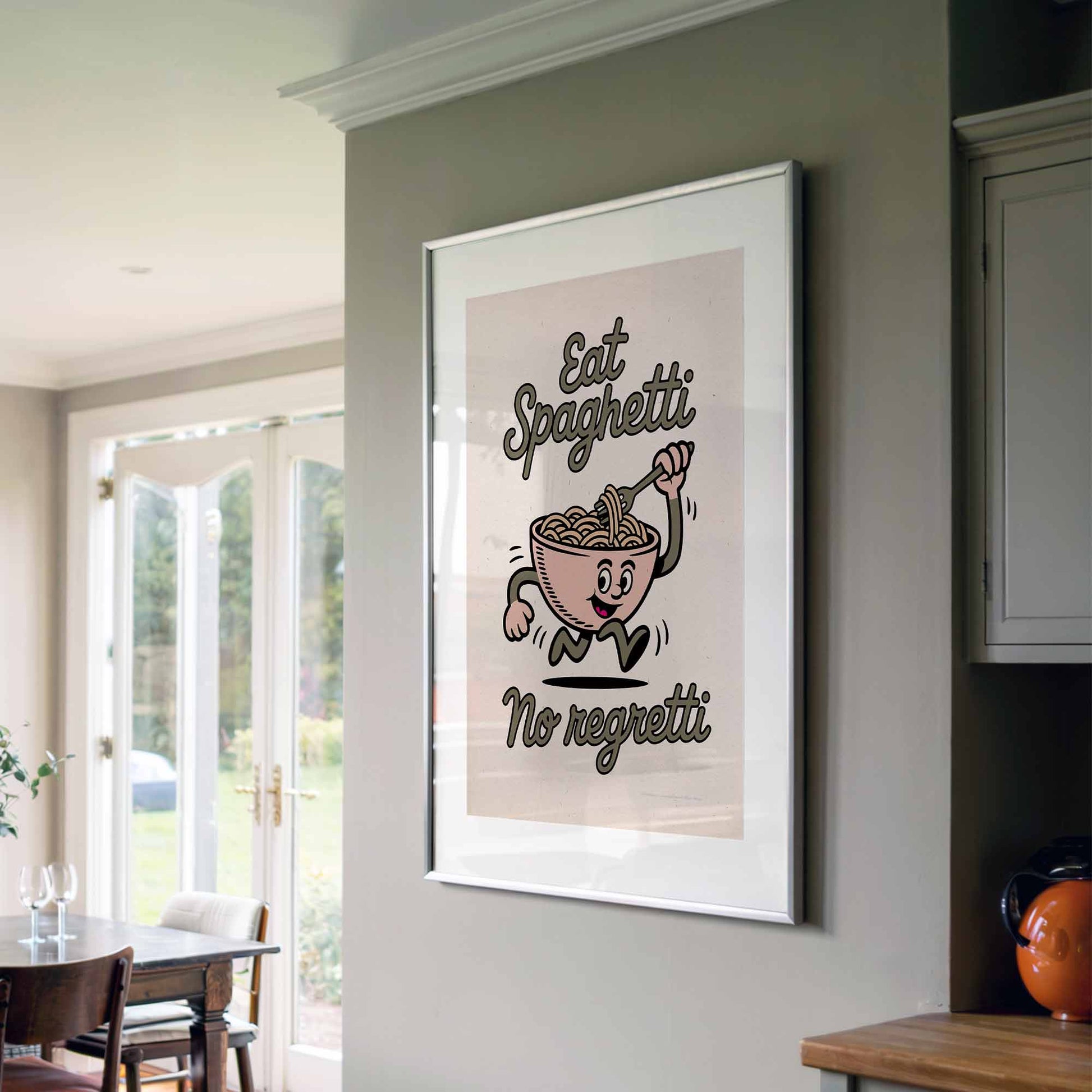 Funny Italian kitchen quote print with cartoon pasta bowl