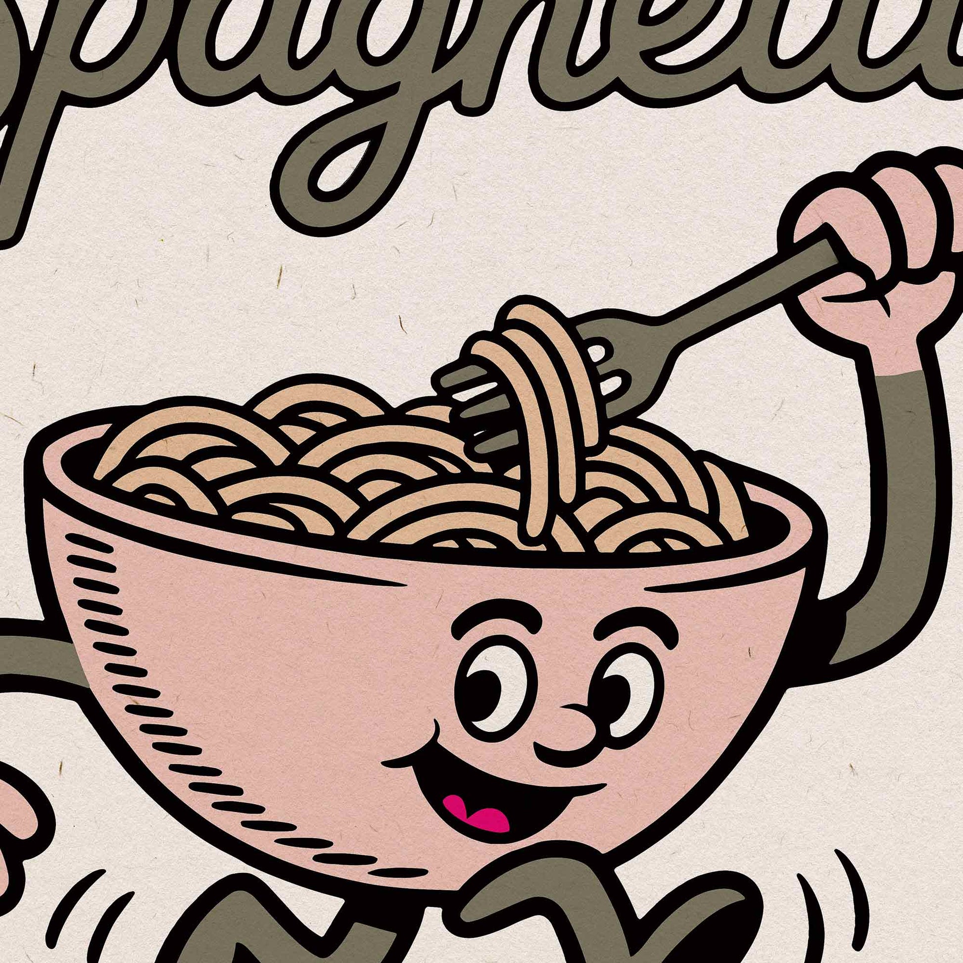 Close-up of humorous pasta artwork print detail