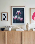 Blurry flower wall art in scandi minimalist interior