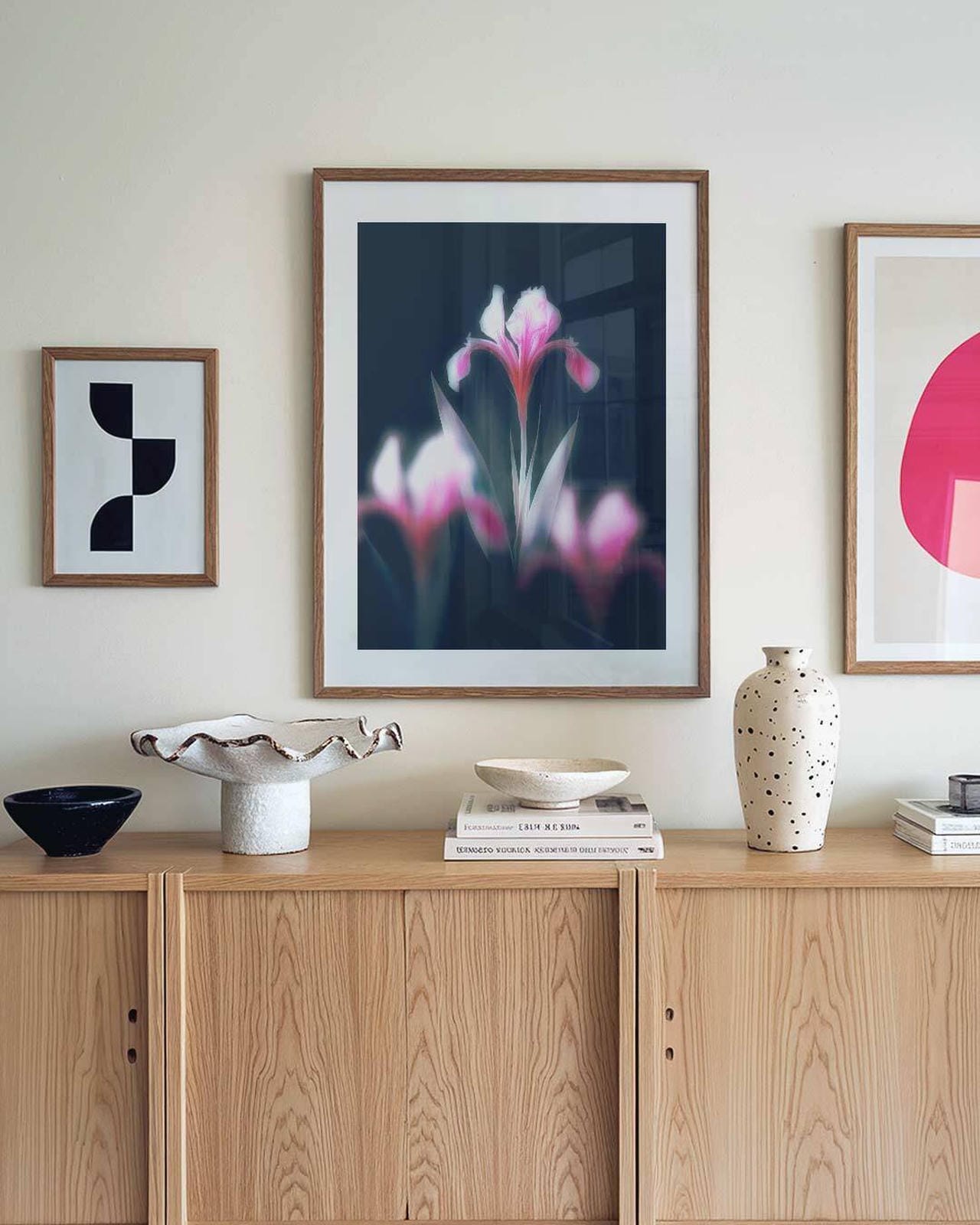 Blurry flower wall art in scandi minimalist interior
