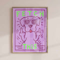 Funny dog print “Fetch This” – cheeky retro wall art in purple & green. Perfect quirky gift for dog lovers