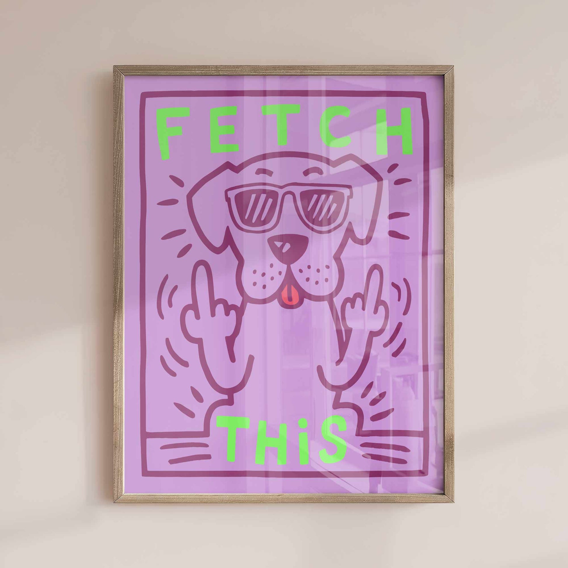 Funny dog print “Fetch This” – cheeky retro wall art in purple & green. Perfect quirky gift for dog lovers