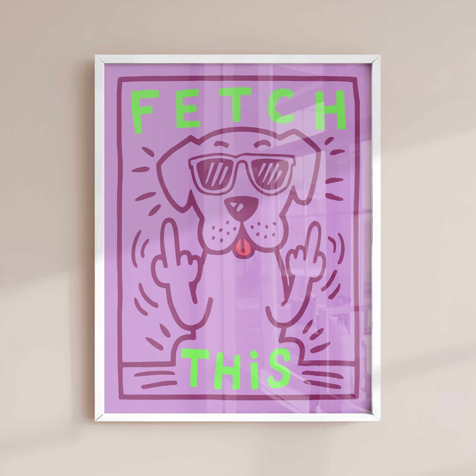 Funny dog print “Fetch This” – cheeky retro wall art in purple & green. Perfect quirky gift for dog lovers