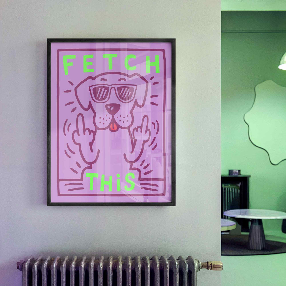 Funny dog poster in purple and green – Fetch This retro wall art - Afterhours Gallery