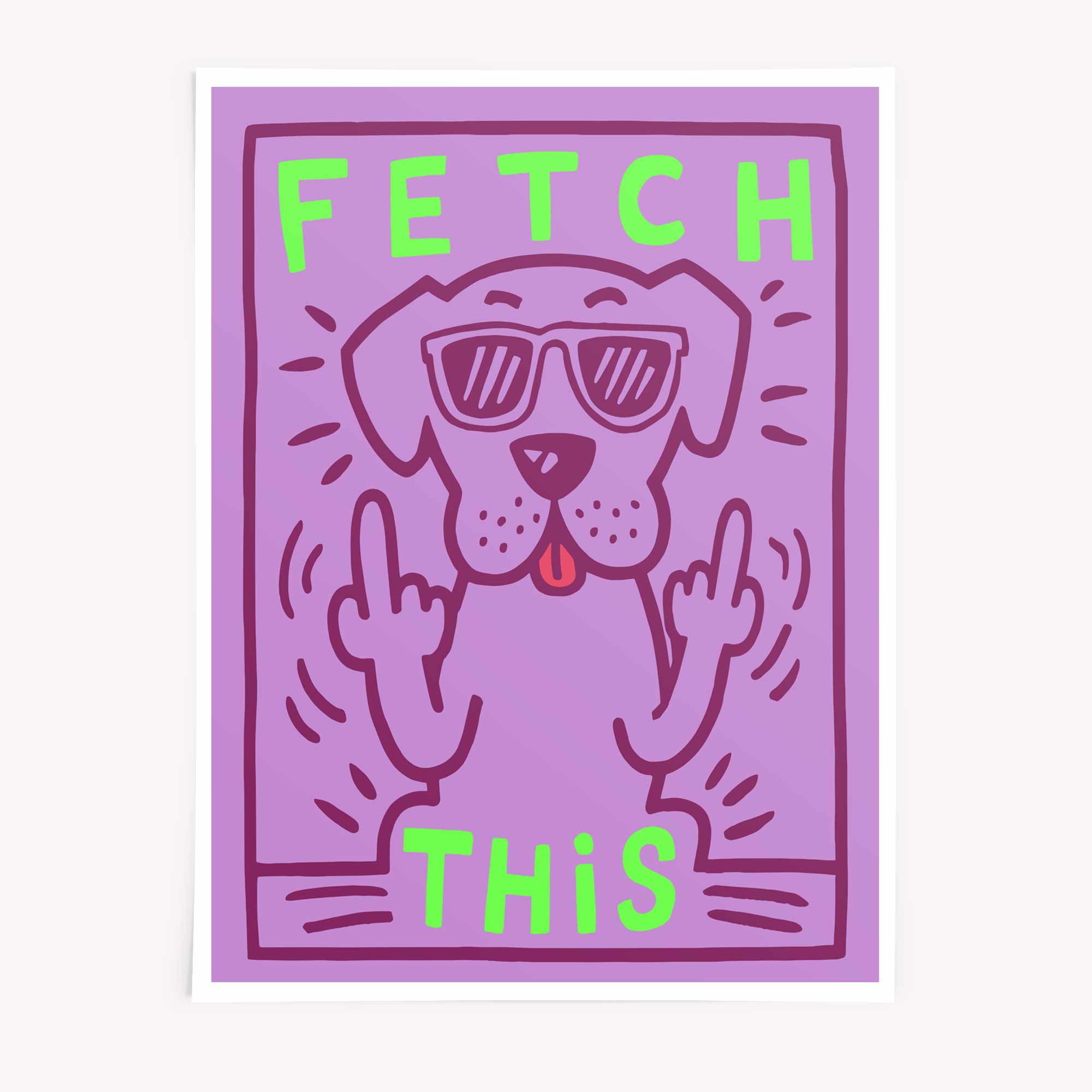 Funny dog poster in purple and green – Fetch This retro wall art - Afterhours Gallery