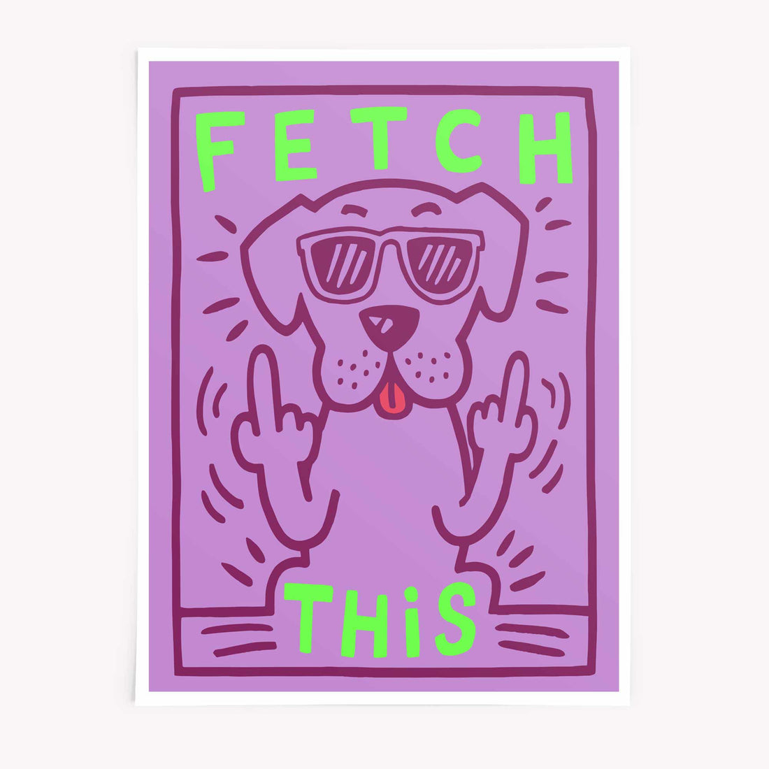 Funny dog poster in purple and green – Fetch This retro wall art - Afterhours Gallery