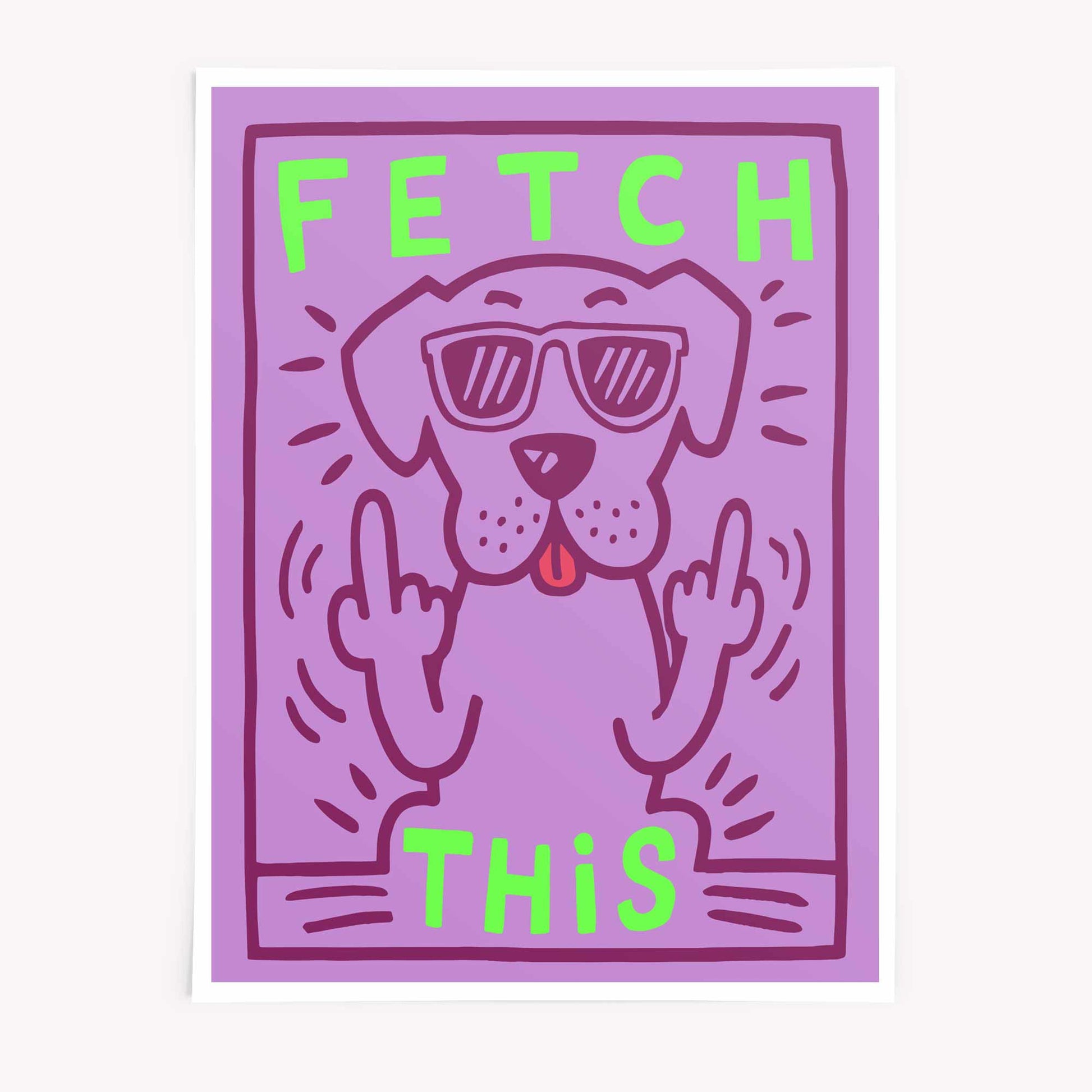 Funny dog poster in purple and green – Fetch This retro wall art - Afterhours Gallery