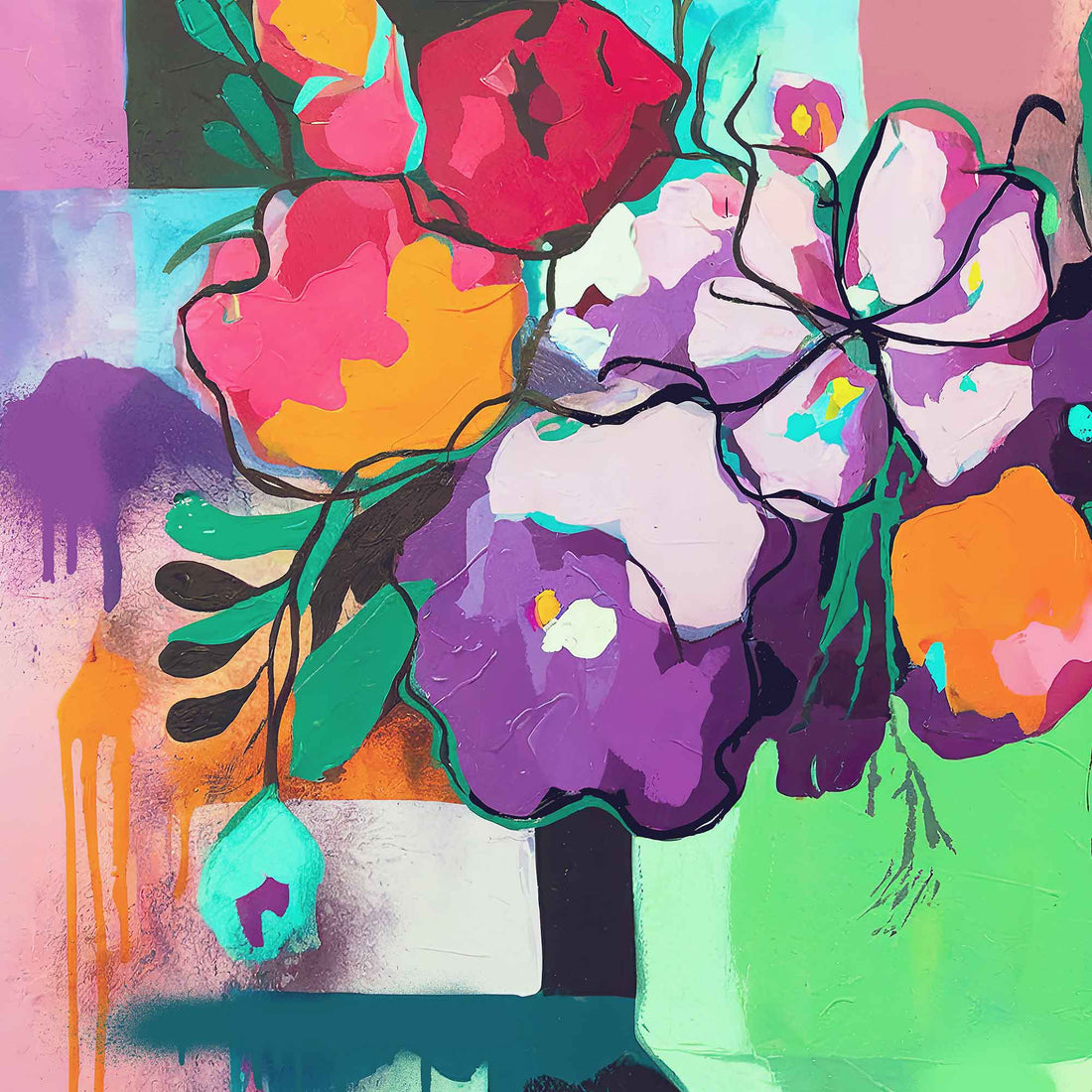 floral canvas wall art, abstract flower print, vibrant home decor, urban wall art, colorful art gift,