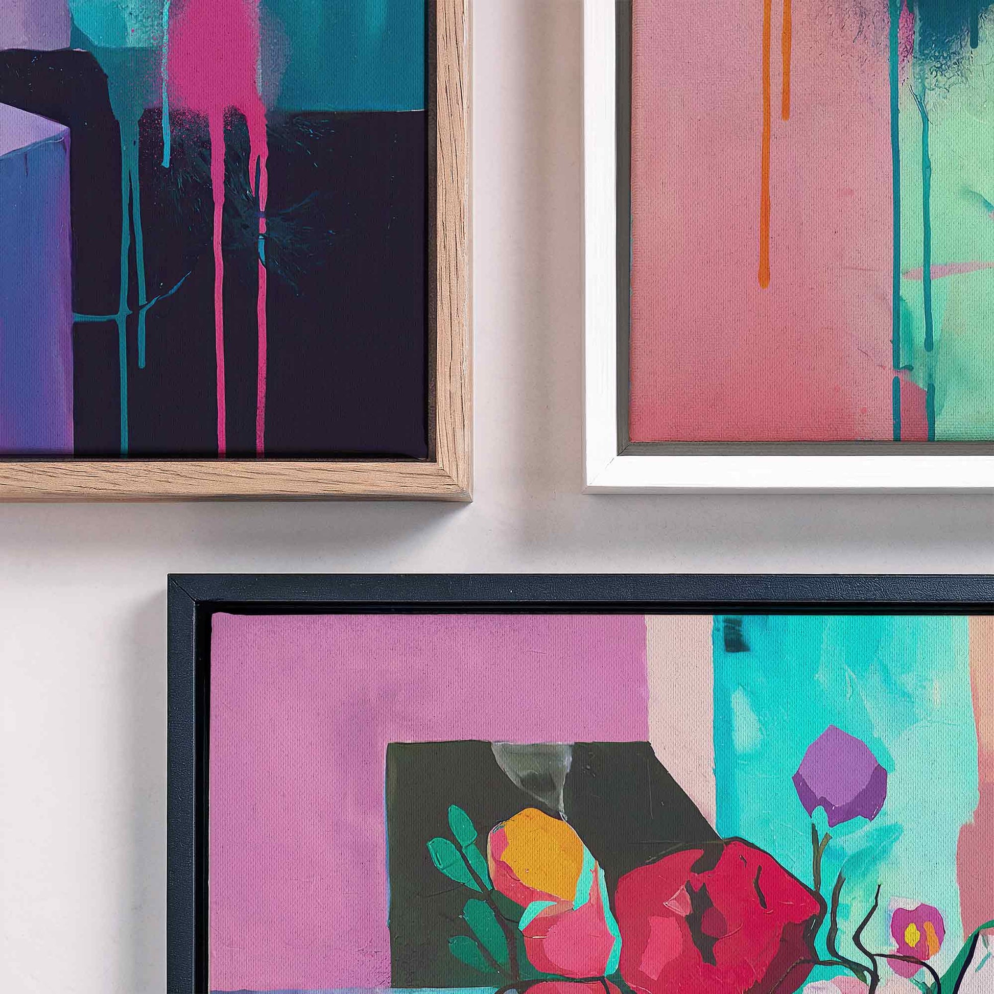 floral framed canvas wall art, abstract flower print, vibrant home decor, urban wall art, colorful art gift,