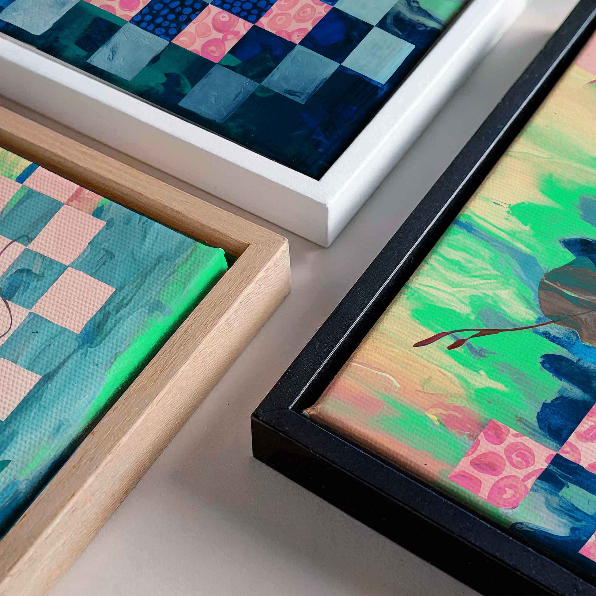 Tropical abstract canvas print with botanical forms and checkered pattern. Bold, modern maximalist wall art for design-led interiors. Afterhours Gallery