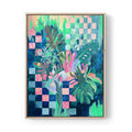 Tropical abstract canvas print with botanical forms and checkered pattern. Bold, modern maximalist wall art for design-led interiors. Afterhours Gallery