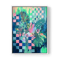 Tropical abstract canvas print with botanical forms and checkered pattern. Bold, modern maximalist wall art for design-led interiors. Afterhours Gallery