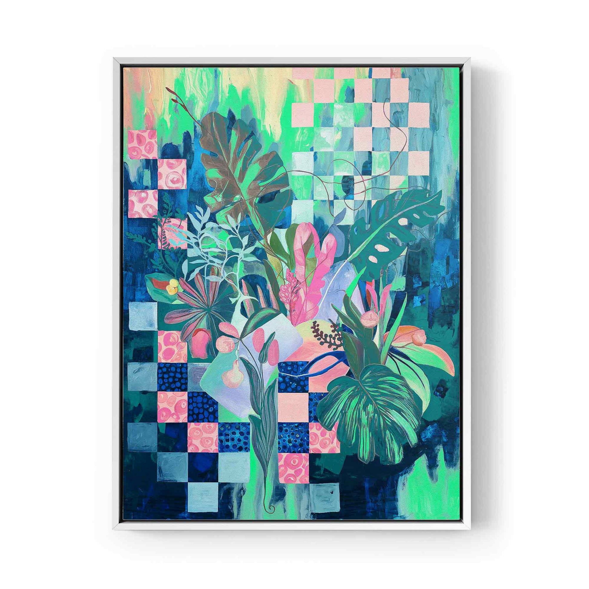 Tropical abstract canvas print with botanical forms and checkered pattern. Bold, modern maximalist wall art for design-led interiors. Afterhours Gallery