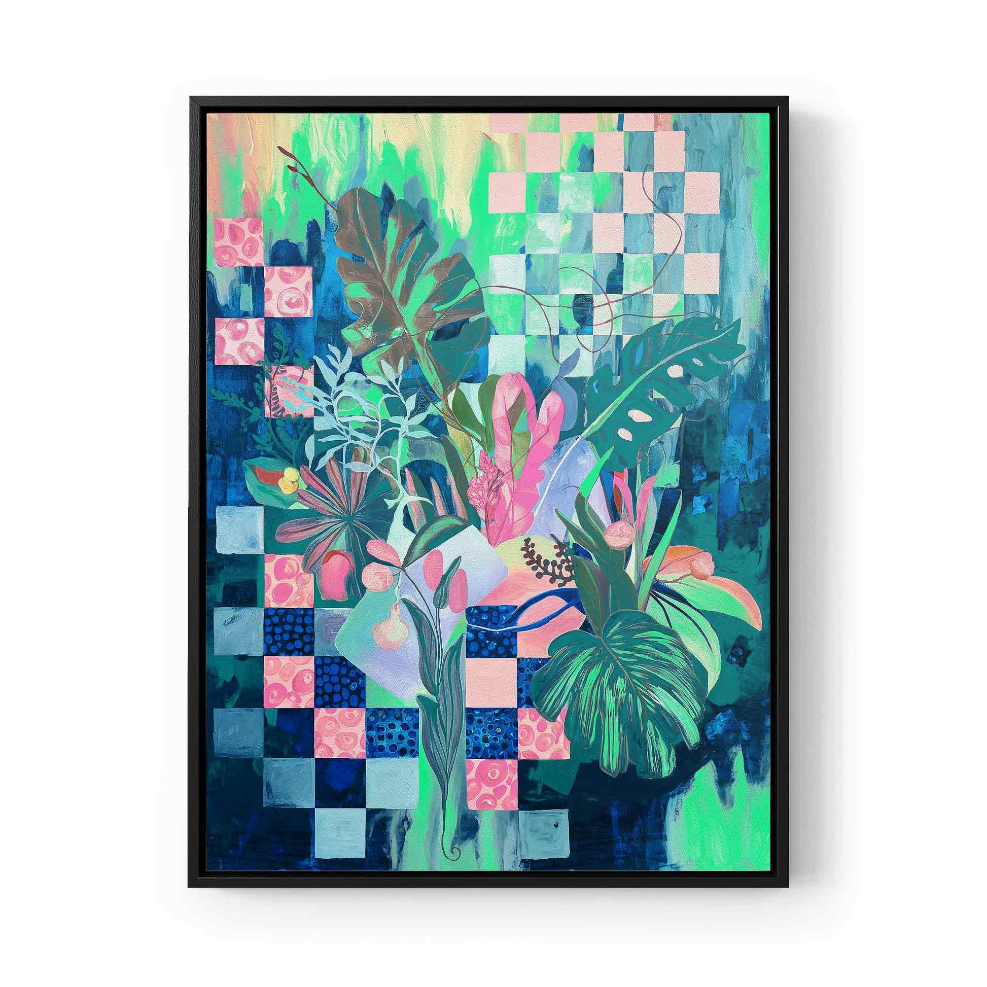 Tropical abstract canvas print with botanical forms and checkered pattern. Bold, modern maximalist wall art for design-led interiors. Afterhours Gallery