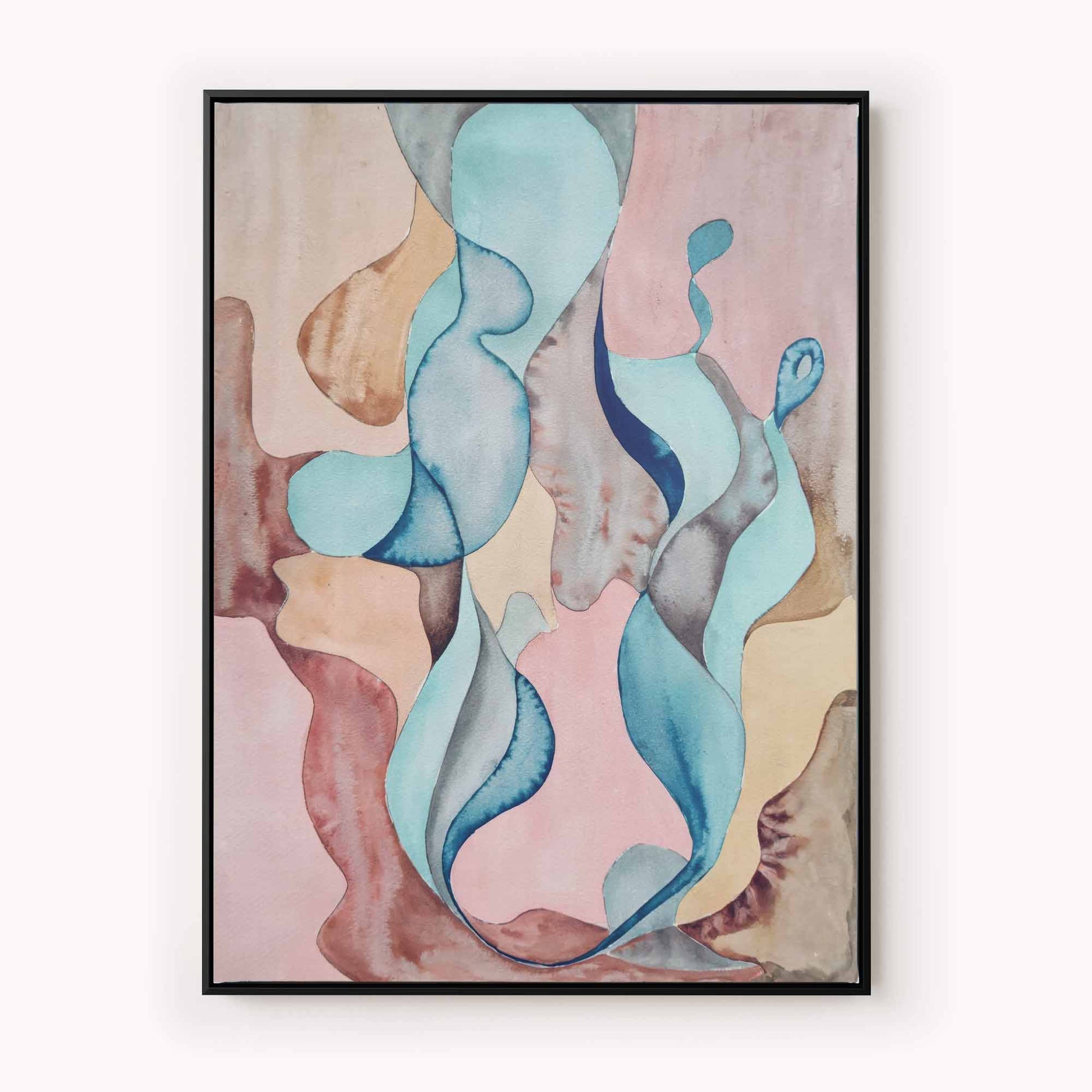 Watercolour Abstract Canvas Wall Art with Blue, Pink, and Beige Shapes by Afterhours Gallery
