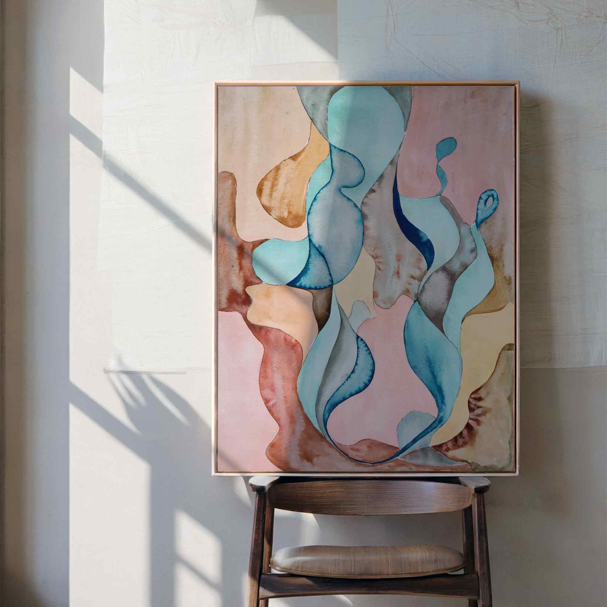 Watercolour Abstract Canvas Wall Art with Blue, Pink, and Beige Shapes by Afterhours Gallery
