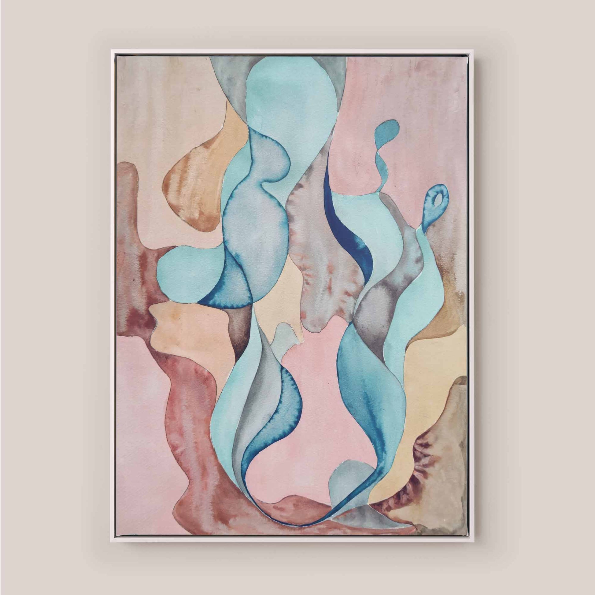 Watercolour Abstract Canvas Wall Art with Blue, Pink, and Beige Shapes by Afterhours Gallery