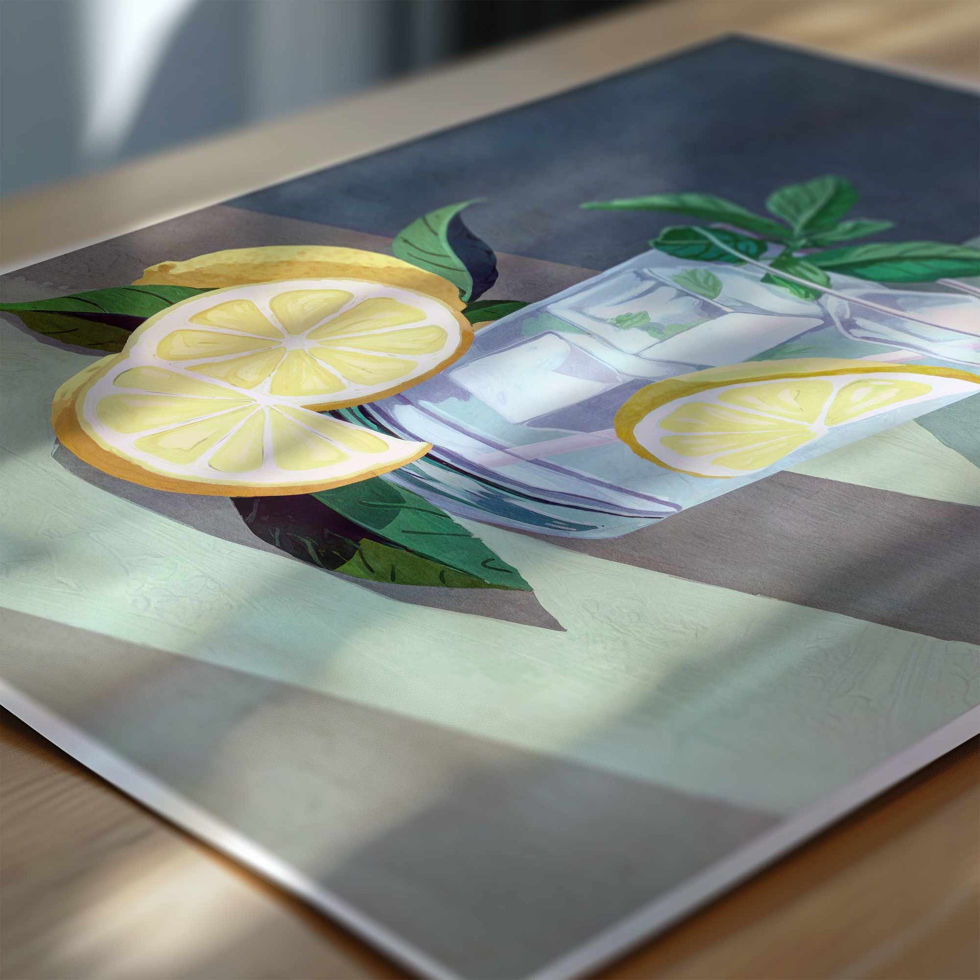 Close-up of a refreshing gin and tonic still life print with ice cubes and citrus.