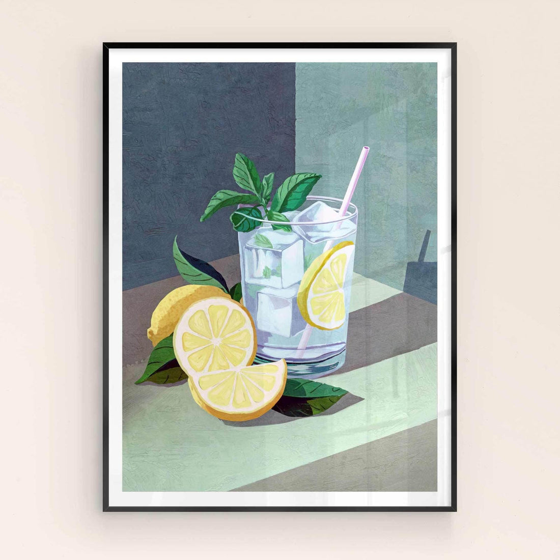 Chic home bar wall decor featuring a classic gin and tonic cocktail.