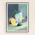 Chic home bar wall decor featuring a classic gin and tonic cocktail.