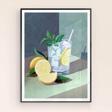 Chic home bar wall decor featuring a classic gin and tonic cocktail.