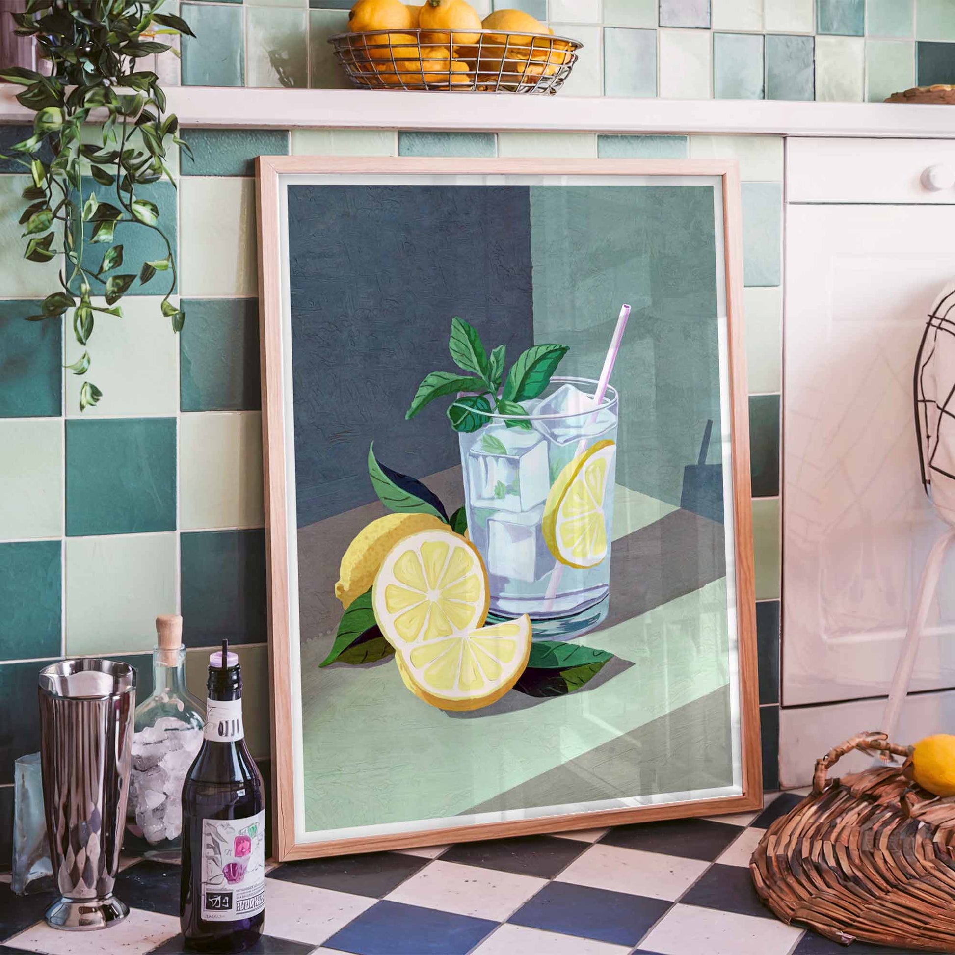 Modern vintage kitchen wall art – lemon and mint gin and tonic print.