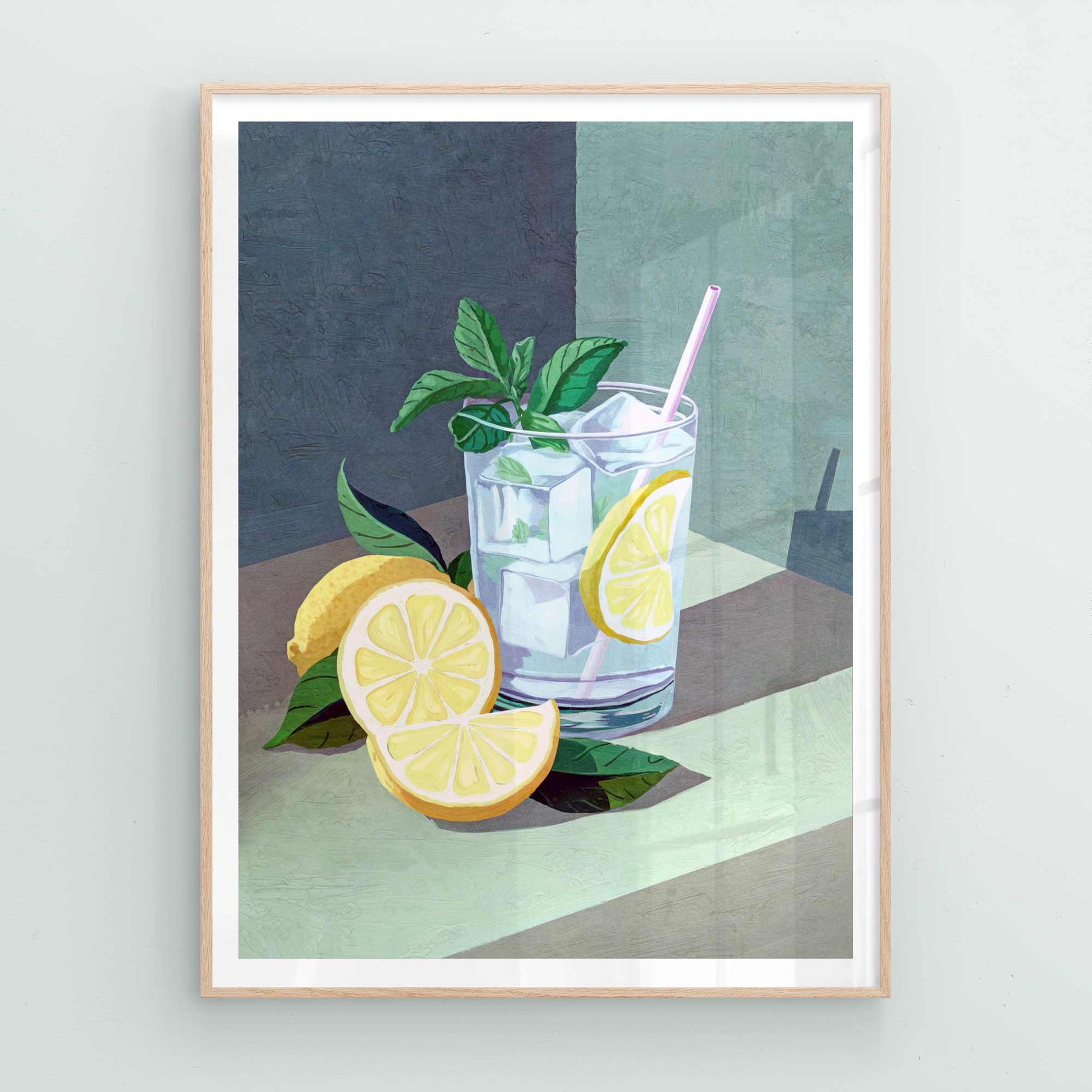 Painterly gin and tonic print with citrus, mint, and ice for kitchen decor.