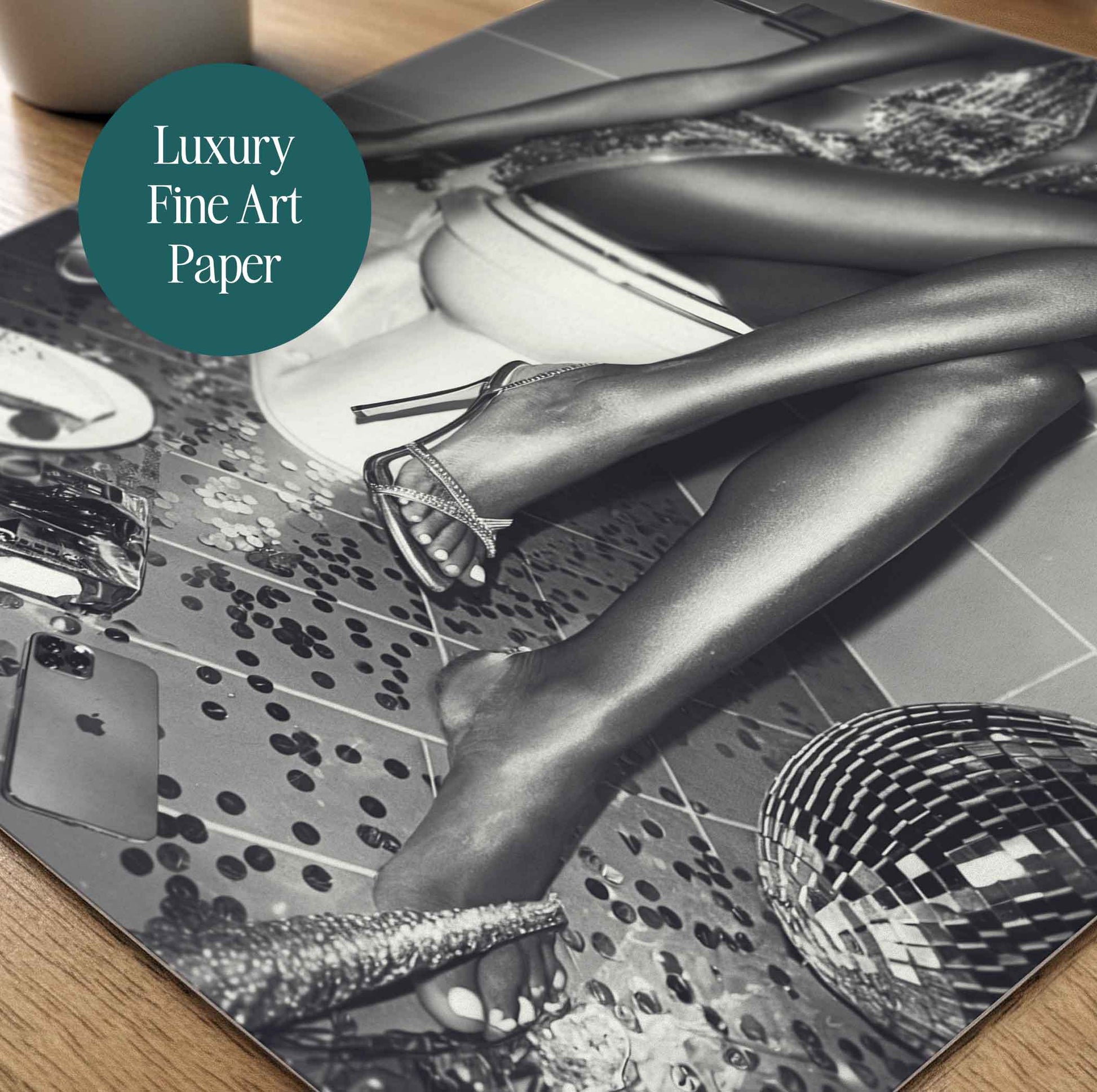 Party girl on toilet in bathroom trendy black and white wall art print - Afterhours Gallery Framed Poster