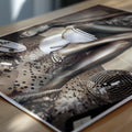 Close-up of high heels, champagne glasses, and sequins on a tiled bathroom floor – quirky, bold bathroom wall print.