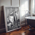 Party girl on toilet in bathroom trendy black and white wall art print - Afterhours Gallery Framed Poster