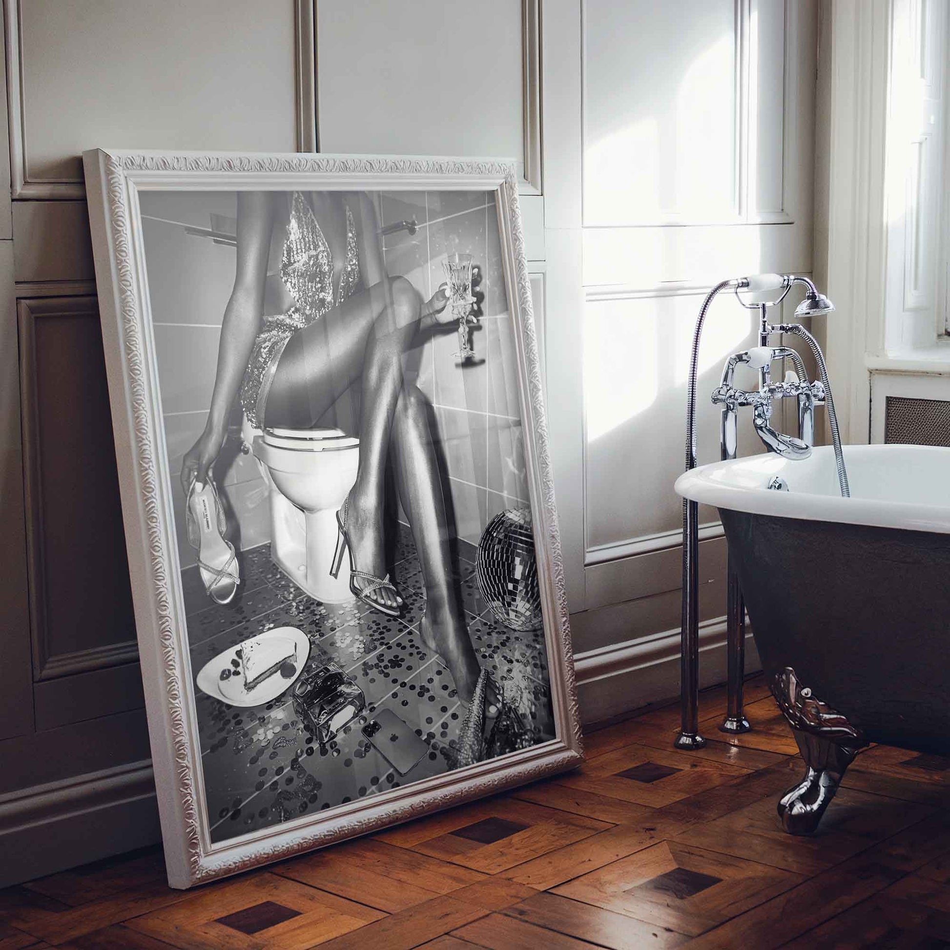 Party girl on toilet in bathroom trendy black and white wall art print - Afterhours Gallery Framed Poster