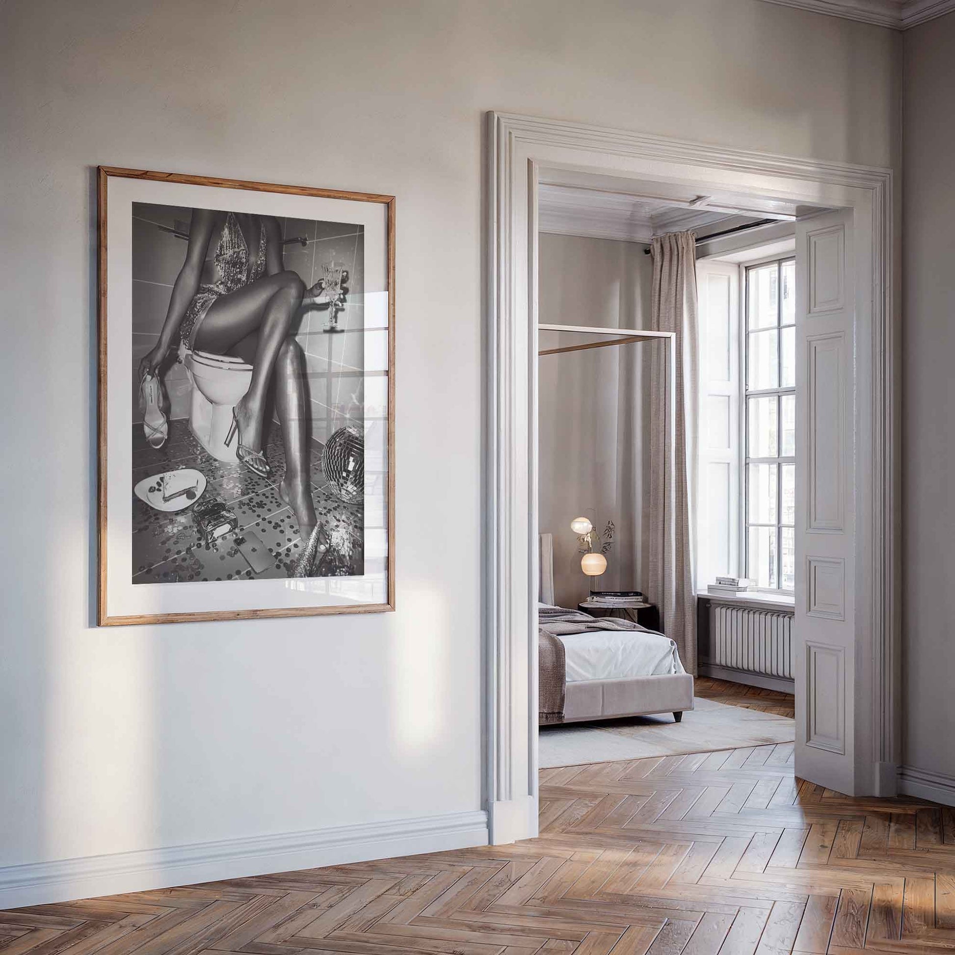 Party girl on toilet in bathroom trendy black and white wall art print - Afterhours Gallery Framed Poster